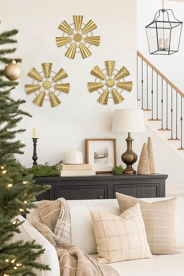 Briful 12" Wall Décor Pack of 3 Metal Gold Windmill Radial Plate Wall Art Modern Accent Hanging Wall Decorations For Home Office Living Room Wall Sculptures