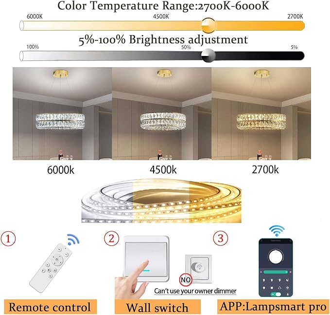 Led 15.7" Gold Ring Crystal Chandelier, Modern Dimmable Chandeliers Lighting and Hanging Adjustable, LED Round Ceiling Light Fixtures for Dining Room Living Room