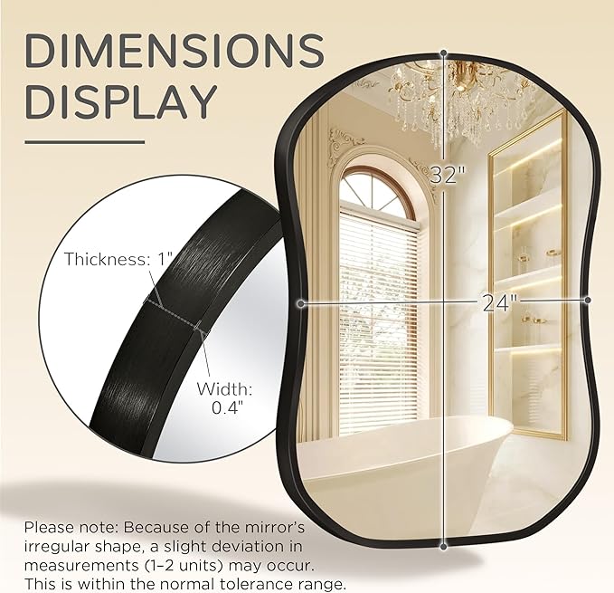 Asymmetrical Wall Mirror 24 * 32 Black Irregular Abstract Shatter-Proof Aluminum Alloy Decorative Wavy Framed Makeuop Mirrors for Bathroom, Bedroom, Cloakroom, Entryway