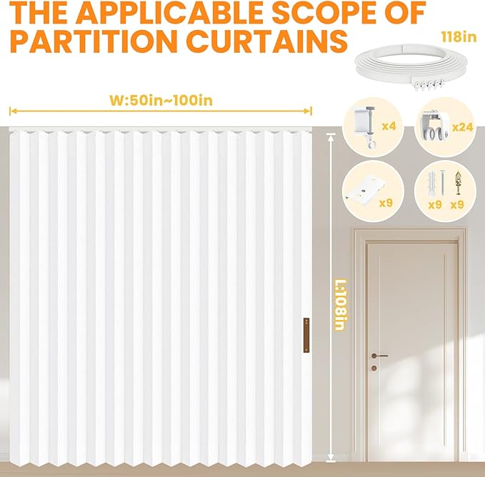 100% Blackout Room Divider Curtains - Total Privacy Curtain Panel, Thermal Insulated Noise Reduction Curtain for Bedroom Windows,Include Ceiling Curtain Track(White, W100 x L108, 1 Pack)