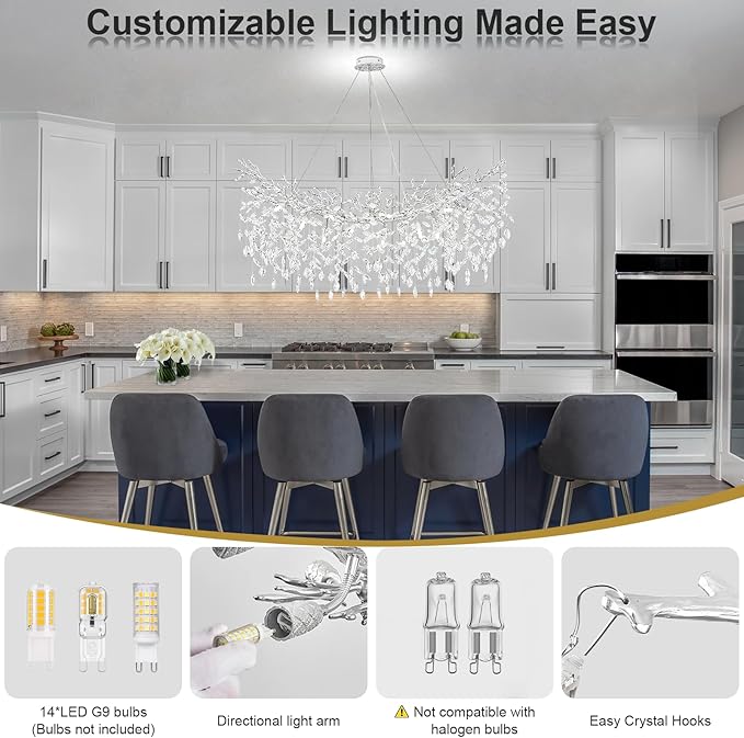 Modern Crystal Chandelier, L47 Silver Tree Branch Chandeliers for Dining Room 14 Lights Large Rectangular Chandeliers for High Ceilings Living Room Chandelier, Height Adjustable