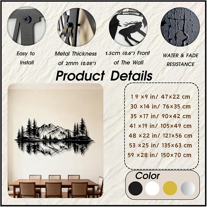 Mountain View Metal Wall Art,Nature Landscape Home Decor with Reflection,Black Iron Sculpture for Bedroom Garden Living Room Outdoor Office(Silver,41 x19 in/105x49 cm)