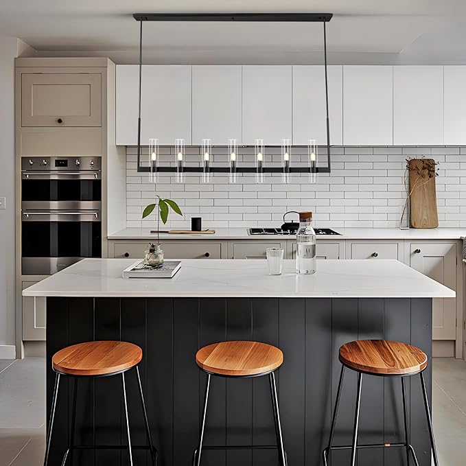 Modern Black Linear Chandelier 59 in,Linear Chandeliers for Dining Room 7 Light, Adjustable Rod Glass Linear Chandelier Over Dining Table, Kitchen Island, Includes Bulbs