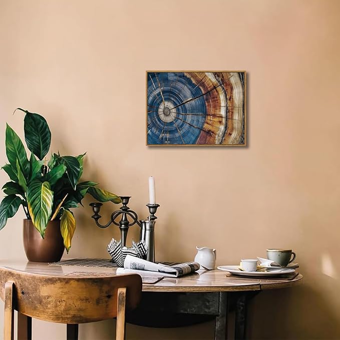 BingruiArt Framed Tree Ring Canvas Wall Art Abstract Wood Wall Decor Boho Modern Colorful Nature Painting Wood Stump Prints Pictures for Living Room Bedroom Bathroom Office 12"x16" Natural Framed(02)