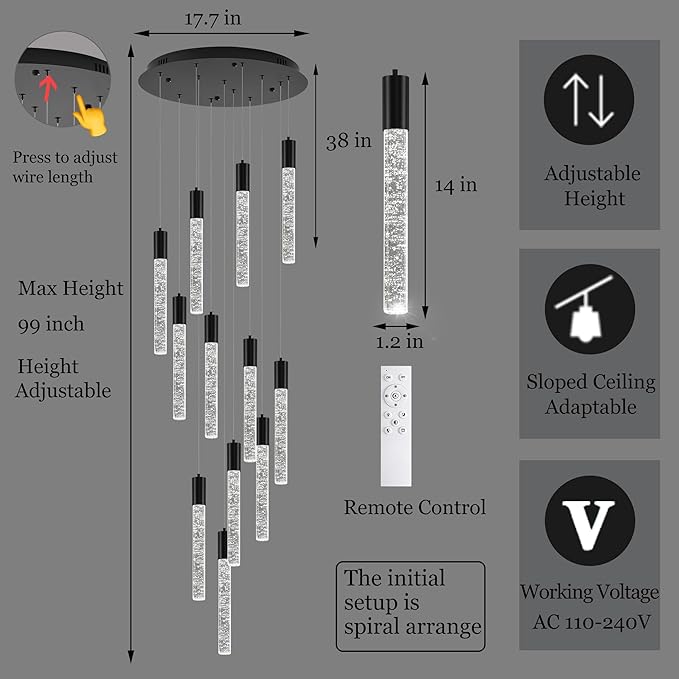 12-Lights High Ceiling Crystal Chandelier, Modern Large LED Raindrop Pendant Light Fixture 98.5" H Flush Mount Chandelier Black for Foyer Staircase Villa Living Room