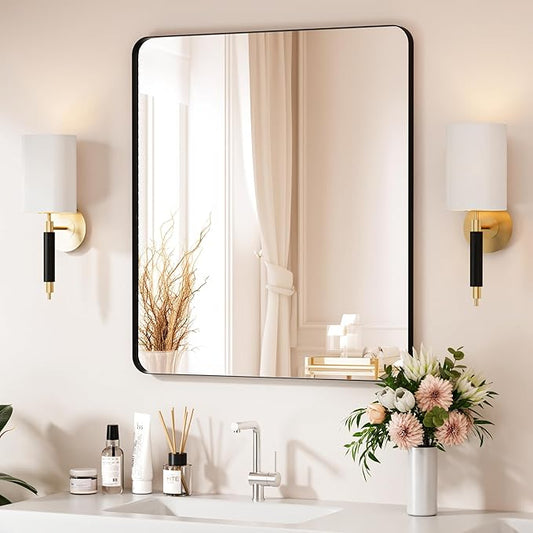 Black Bathroom Mirror 28X32 Inch Bathroom Vanity Mirror for Wall, Metal Frame Large Mirror, Tempered Glass, Modern Wall Mirror for Bathroom, Farmhouse, Horizontally or Vertically Hanging
