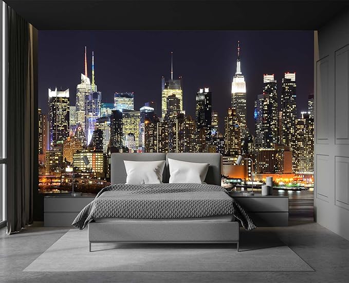 Manhattan Night View Wall Mural, 182" x 122" (8 Panels, Non-Self-Adhesive, Silk Material, Urban Theme)