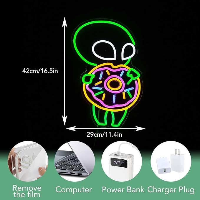 Alien Donuts Neon Sign Green Alien Neon Light for Wall Decor Donuts Led Lights Up Sign for Bedroom Dessert Shop Bakery Party Decoration Gift Fast Food Shop Cool Light Sign 16.5 * 11.4 IN