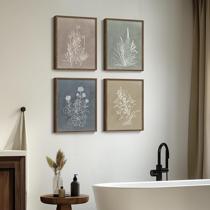 Boho Framed Botanical Wall Art for Bedroom, 4 Piece Vintage Neutral Floral Canvas Painting Prints for Modern Farmhouse, Minimalist Rustic Flower Pictures for Living Room Kitchen Dining Room Home Decor