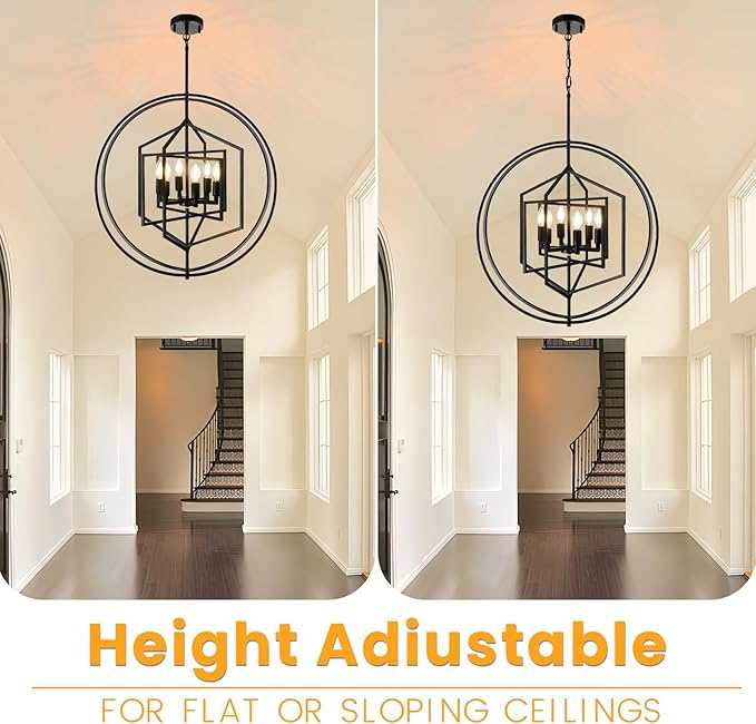 26 Inch Black Chandelier, 6-Light Farmhouse Chandelier for Entryway, Industrial Foyer Lighting Fixtures, Large Chandeliers for High Ceilings, Modern Hanging Pendant Lights for Living Room, Staircase