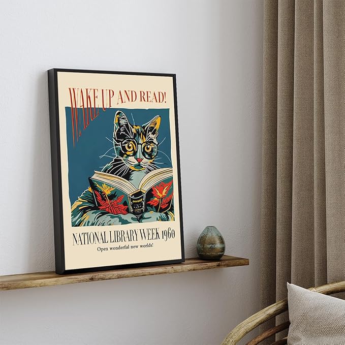 Cat and Book Poster, Wake Up and Read Inspiring Wall Art Canvas, Retro 1960 National Library Week Wall Art, Reading Art for Book Lover, Classic Gallery Wall Decor 16x24in Framed