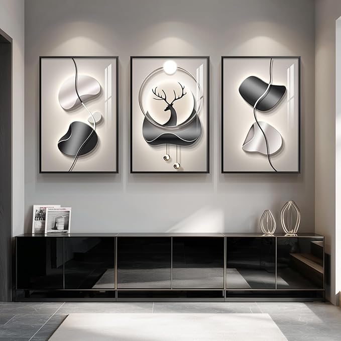 3 Piece Large Framed Modern Abstract Wall Art, Black and Gray Silver Bright Artworks Decor, Minimalist Geometric Line Deer Picture Prints for Living Room Entryway and Hallway 24x36 Inch