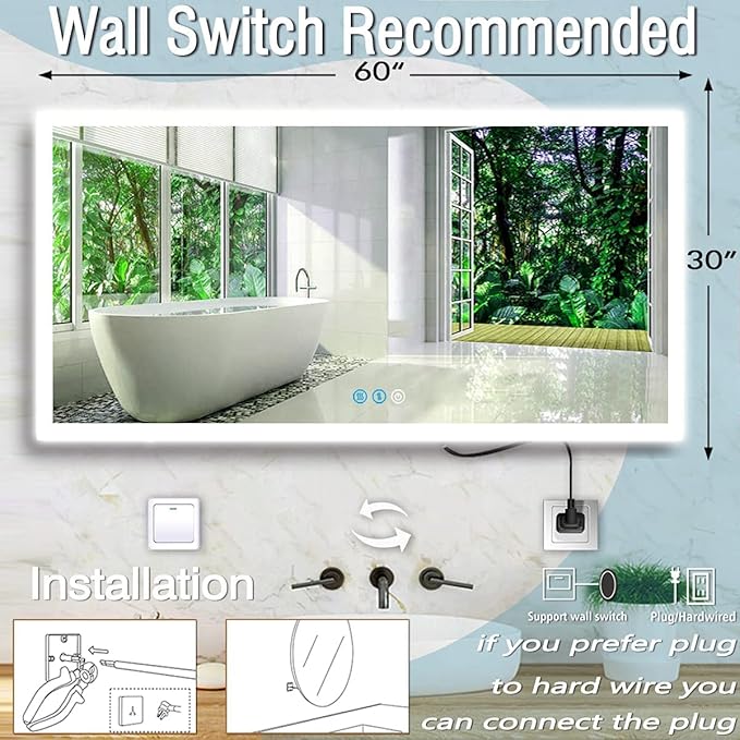60 x 30 Inch LED Mirror for Bathroom Wall Large Backlit Mirror 60 Inch Lighted Vanity Mirror with Lights 3 Color Dimmable Antifog Horizontal Vertical Bathroom Smart Lightup Wall Vanity Mirror