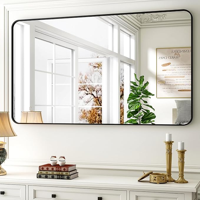 30 x 48 Inch Bathroom Mirror, Rounded Rectangular Vanity Mirror for Wall, Modern Mirror for Room Decor, Black Framed Wall-Mounted Mirrors for Home Decor, Hangs Horizontally or Vertically