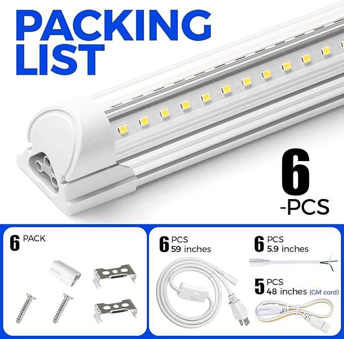 Barrina LED Shop Lights, 3FT 30W 4600LM 5000K, Daylight White High Output Linkable for Workshop, V Shaped Clear Cover T8 LED Shop Light for Garage, 3 Foot (Pack of 6)