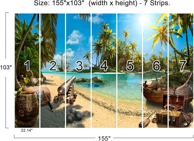 Cliouar-Wall Mural Wallpaper for Bedroom Living Room 3D Wallpaper Decoration Pirate Ship Treasure 155" x 103" (Not Self-Adhesive)