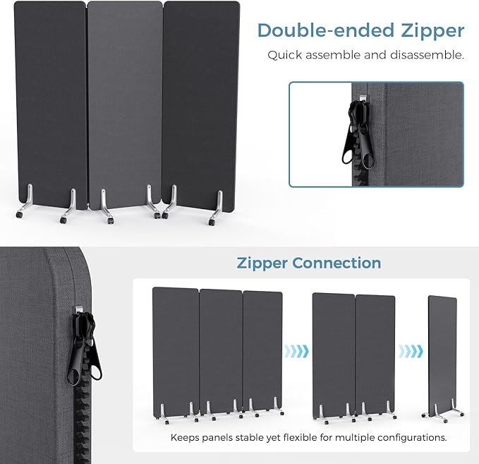 70.8" W x 63" H Freestanding Partition Room Dividers, Acoustic Panels with Wheels, 3 Soundproof Privacy Panels for Office, Reception Room, School, Hospital, Dark Grey