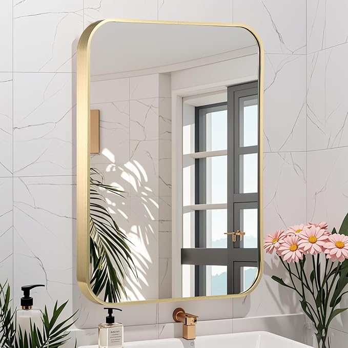 20x28 Inch Gold Bathroom Mirror, Brushed Brass Gold Metal Framed Rectangular Mirror with Rounded Corner, Bathroom Vanity Mirror for Bedroom or Living Room, Horizontal/Vertical