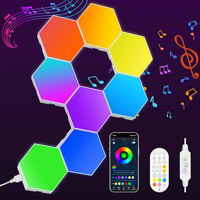 KORORO Hexagon LED Lights - 8 Pack Smart APP RGB Gaming Light with Remote Control & Music Sync Honeycomb Shape Hex Lights for Bedroom, Living Room Wall, Gaming Decor