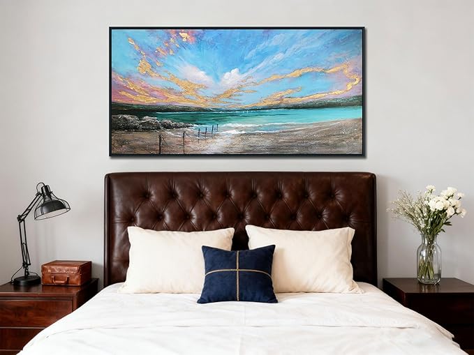 Arjun Ocean Canvas Wall Art Teal Coastal Beach Painting Blue Sky Nature Turquoise Landscape Panoramic Picture Textured Artwork for Living Room Bedroom Wall Decor, Large Size Black Wood Framed 40"x20"