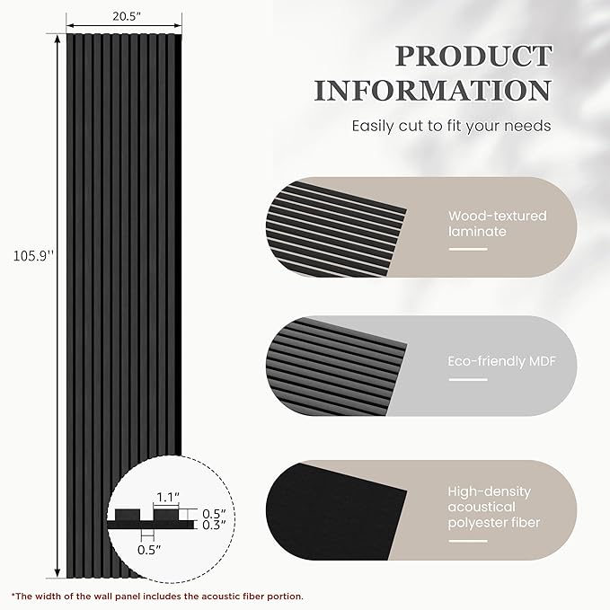 2 Pack 105.9" x 20.5" x 0.8" Acoustic Wall Panels Sound Absorbing, Wood Slat Wall Panels for Wall Decor, Soundproof Wood Wall Panels, Matte Black
