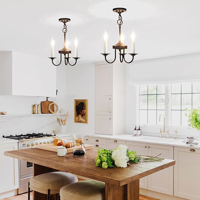 3 Lights Farmhouse Candle Style Chandelier, Rustic Ceiling Pendant Light Fixture for Entryway and Dining Room Kitchen Island