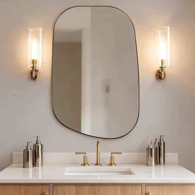 ANDY STAR Gold Bathroom Mirror, 24"x36" Brushed Brass Asymmetrical Wall Mirror in Stainless Steel Metal Frame, Unique Vanity Mirror with Modern Curved Design, Ideal for Bathroom, Bedroom, Entryway