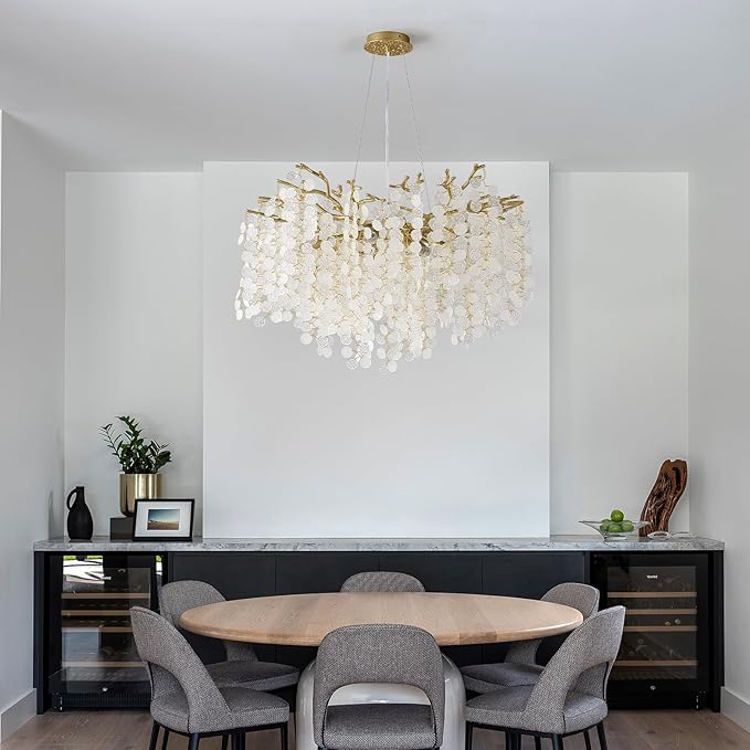 32 Inch Gold Crystal Chandelier, 10-Light Coastal Chandeliers for Dining Room, Large Modern Tree Branch Light Fixtures, Seashell Chandelier for Entryway Foyer Bathroom Living Room, E12