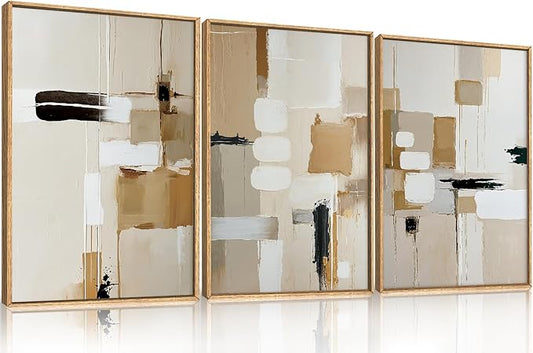 Celestdeco Large Abstract Beige Framed Canvas Wall Art Set, Neutral Textures Wall Decor, Warm Minimalist Shapes Wall Painting, Modern Neutral Art Prints for Living Room, Bedroom, Office - 16"X24"X3