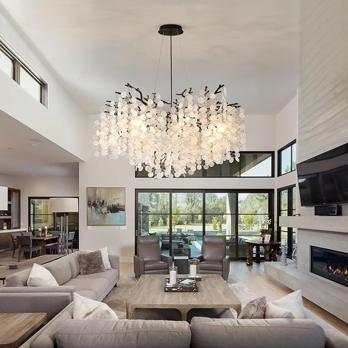 32 Inch Coastal Light Fixture, 10-Light Capiz Shell Chandelier, Modern Black Bedroom Chandeliers, Dining Room Foyer Lighting Fixtures, Boho Chandelier for Living Room Entryway