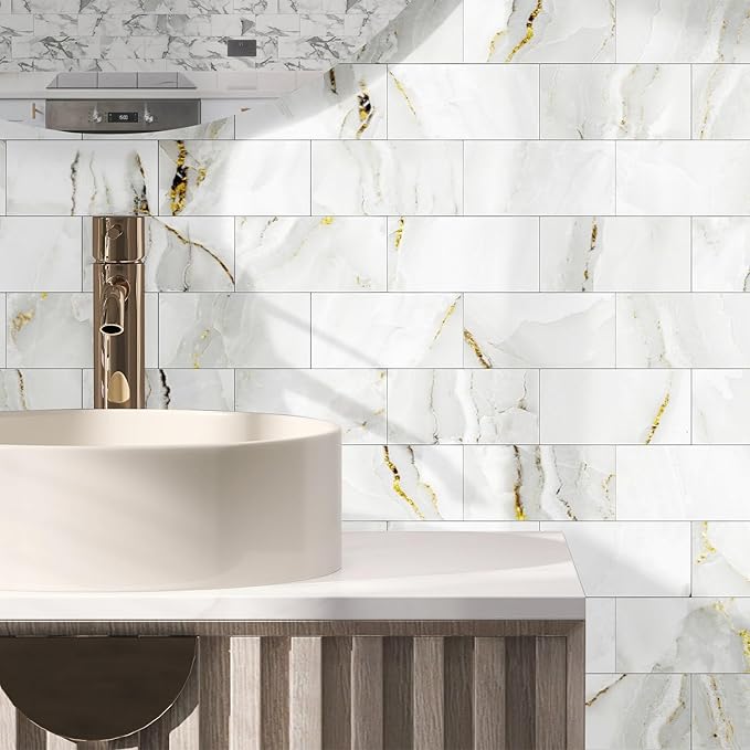 64-Pack Peel and Stick Backsplash Marble Wall Tiles, Waterproof 4" x 8" Glossy Imitation White Gold Marble, PVC Shower Wall Panels for Interior Wall Decor; Tile for Kitchen, Bathroom, and Fireplace