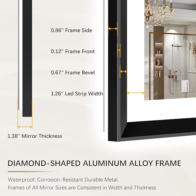 51x32 Black Framed Led Bathroom Mirror with Lights, Front Lit and Backlit, Lighted Vanity Mirror for Bathroom Wall, Anti-Fog, Dimmable, 3 Colors, Memory, HD Tempered Glass