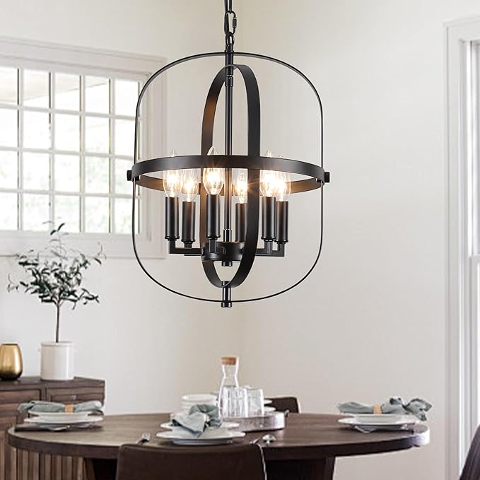 Black Chandelier-6 Light,Modern Farmhouse Chandeliers for Dining Room Light Fixture Entryway Industrial Rustic Geometric Hanging Foyer Lighting Fixtures Kitchen Chandelier for Bedroom Hallway