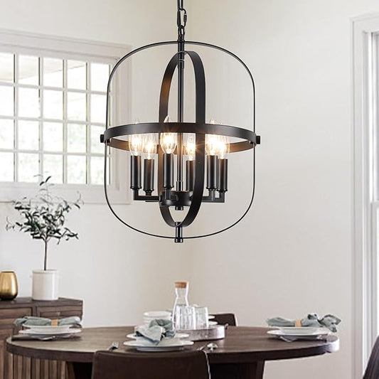 Black Chandelier-6 Light,Modern Farmhouse Chandeliers for Dining Room Light Fixture Entryway Industrial Rustic Geometric Hanging Foyer Lighting Fixtures Kitchen Chandelier for Bedroom Hallway