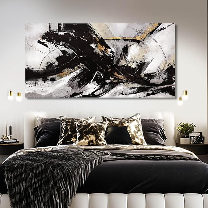 Abstract Wall Art for Living Room Canvas Wall Decor Large Artwork Black And Gold Wall Decorations Black Pictures for Wall 29"x58"