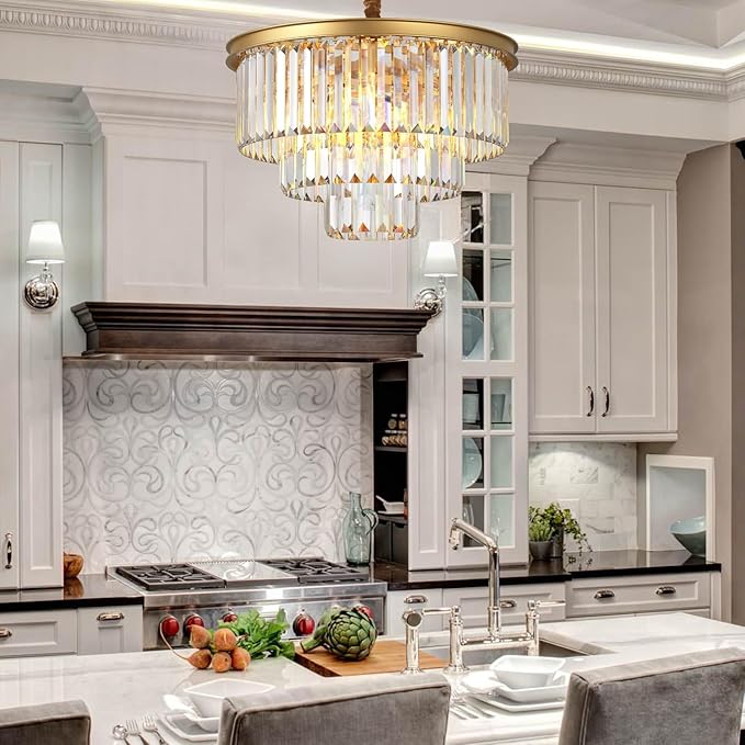 Modern Gold Crystal Chandelier,3-Tier Round Pendant Ceiling Fixture with Height Adjustable Luxury Hanging Chandelier for Dining Room,Living Room,Entryway,Bedroom,Kitchen,and Foyer (Gold Crystal-3)