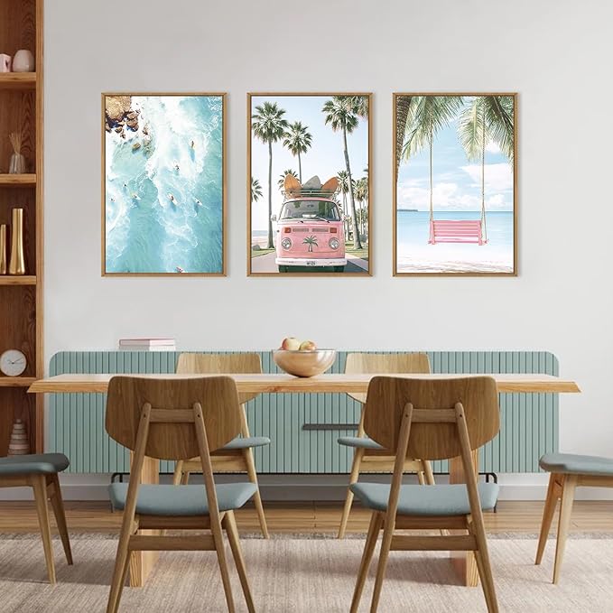 Large Summer Beach Surfing Scene Framed Canvas Wall Art Set,Coastal Pink Van and Surfboards Wall Decor,Trendy Beach Swing Palm Trees Artwork for Living Room,Bedroom-16 x24 x3