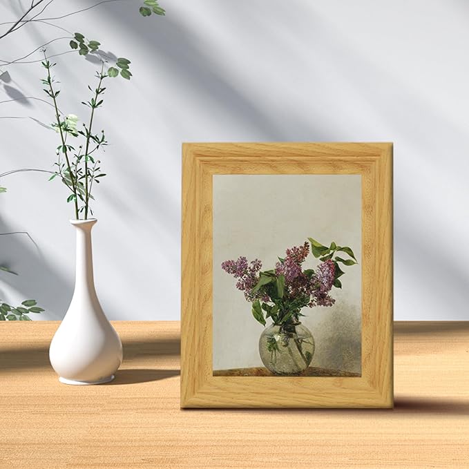 Brivoria Framed Canvas Wall Art Vintage Decor Realistic Still Life with Purple Lilacs in Glass Vase on Light Wood Table Botanical Artwork for Kitchen Reading Nook or Tabletop Display 8"x10"