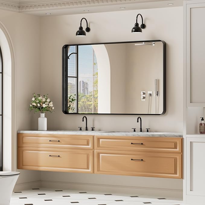 Koonmi Black Wall Mirror for Bathroom, 30x48 Inch Matte Deep Framed Rounded Rectangle Vanity Mirror for Farmhouse Living Room, Tempered Glass, Anti-Rust, Vertically or Horizontally