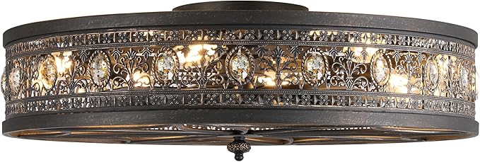 24" Vintage Crystal Chandelier Fan, Luxury Art Deco Flush Mount Fandelier with Lights and Remote, Rustic Enclosed Bladeless Ceiling Fan for Living Room, Dining Room, Large Bedrooms