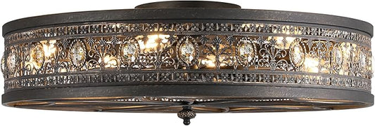 24" Vintage Crystal Chandelier Fan, Luxury Art Deco Flush Mount Fandelier with Lights and Remote, Rustic Enclosed Bladeless Ceiling Fan for Living Room, Dining Room, Large Bedrooms