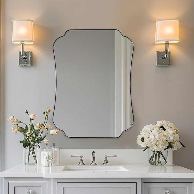 ANDY STAR Chrome Bathroom Mirror 24x32 Inches, Modern Scalloped Edge Wall Mirror with Stainless Steel Frame for Hallway, Lounge and Vanity Area