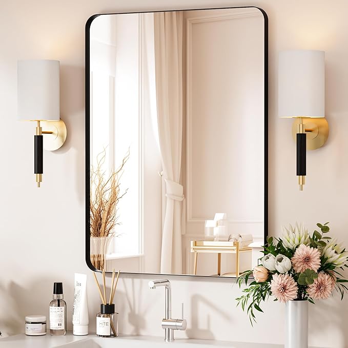 Black Bathroom Mirror 24X32 Inch Bathroom Vanity Mirror for Wall, Metal Frame Large Mirror, Tempered Glass, Modern Wall Mirror for Bathroom, Farmhouse, Horizontally or Vertically Hanging