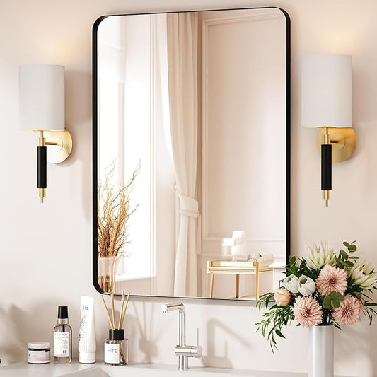 Black Bathroom Mirror 24X32 Inch Bathroom Vanity Mirror for Wall, Metal Frame Large Mirror, Tempered Glass, Modern Wall Mirror for Bathroom, Farmhouse, Horizontally or Vertically Hanging