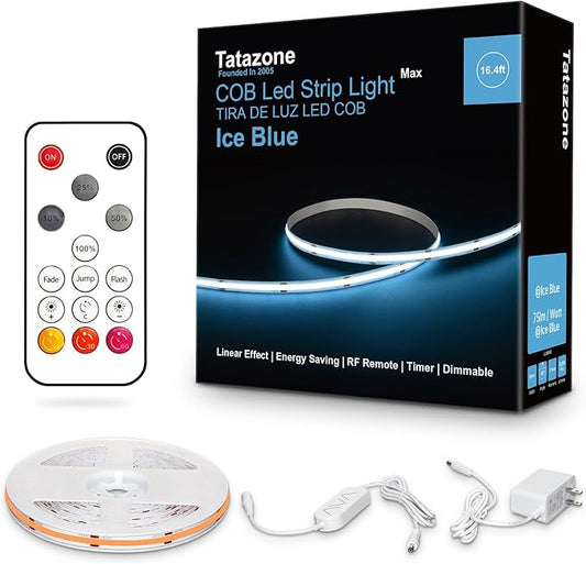 16.4ft Ice Blue COB Led Strip Lights with RF Remote, Dimmable Bright Adhesive Indoor Led COB Light Strip for Cabinet, Painting, Room, Bed