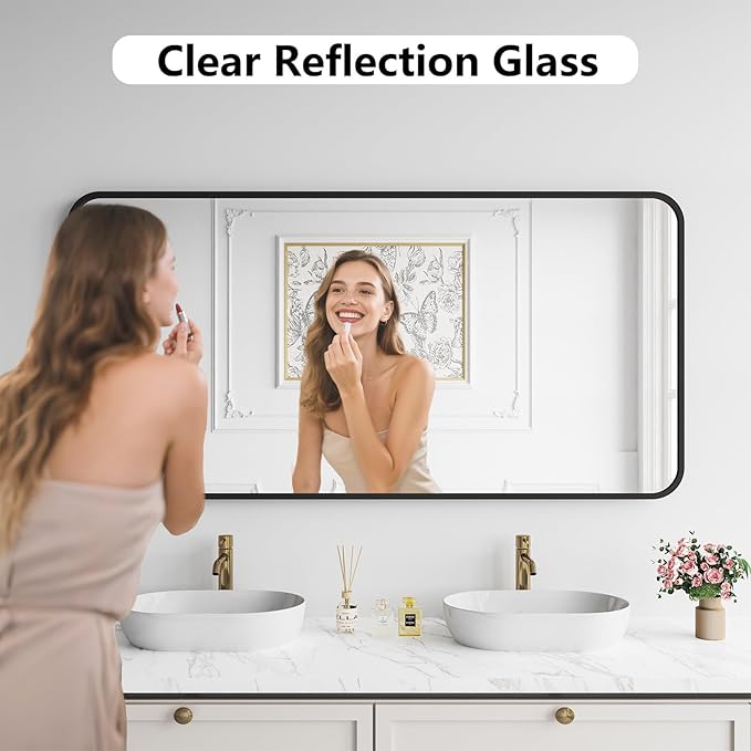 Koonmi Bathroom Mirror, 30X60 Inch Black Metal Framed Mirror for Bathroom, Tempered Glass, Anti-Rust, Rounded Rectangle Mirror for Restroom, Bedroom, Black