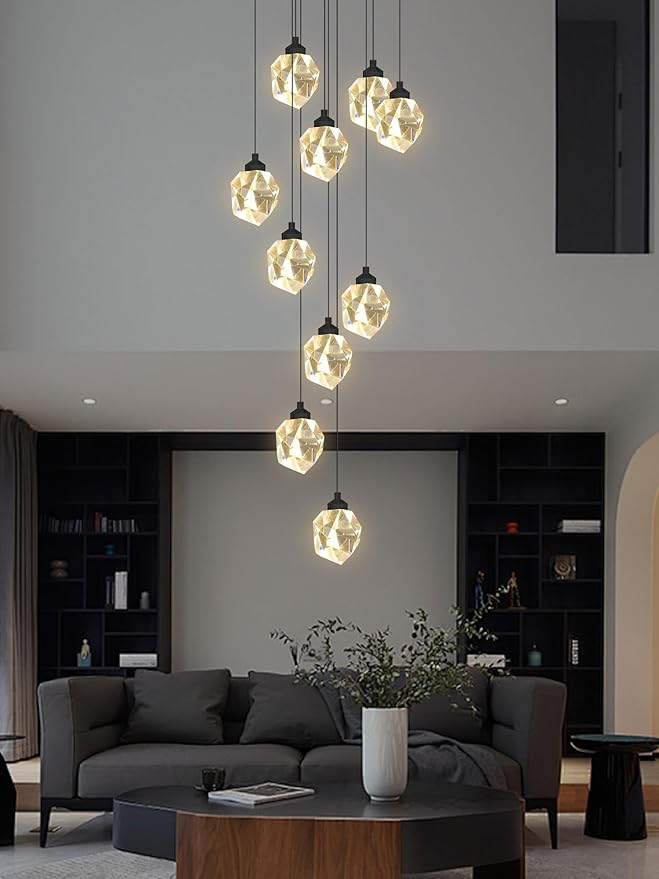 10-Lights Crystal Chandeliers for Living Room 120 inches Black Long Staircase Chandelier Foyer Entrance Crystal Ceiling Chandeliers LED Dimmable 3000-6000K