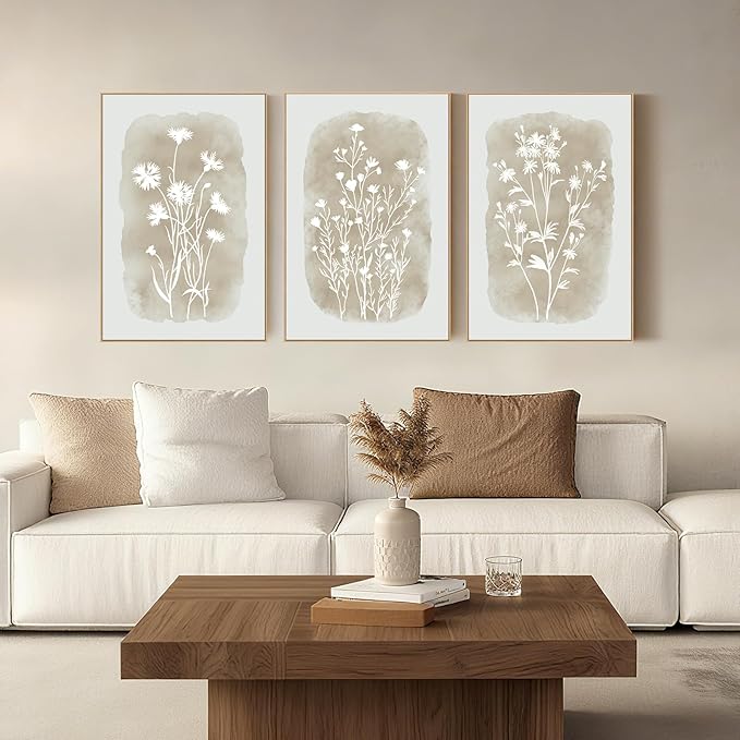 Neutral Wildflower Framed Wall Art Boho Botanical Vintage Minimalist Floral Canvas Farmhouse Wall Decor Beige Prints for Living Room Bedroom Office, 3 Panels, 16x24 Inch