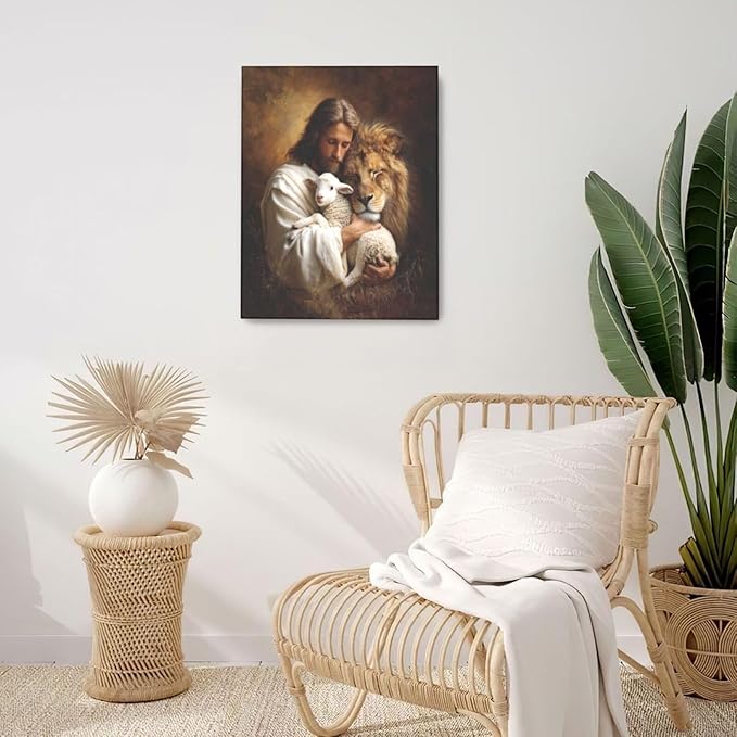Jesus Lion Lamb Wall Art Christian Jesus Wall Decor Lion of Judah Pictures Religious God Canvas Painting Print Christ Artwork Decoration for Living Room Bedroom Church Framed Gifts 16”X20”