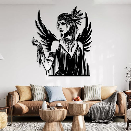 American Indian Metal Wall Art, Native American Metal Wall Decor, Tribal Chieftain Wall Decor for Living Room, Bedroom, Office(Black,24"Hx20"W/60x52cm)